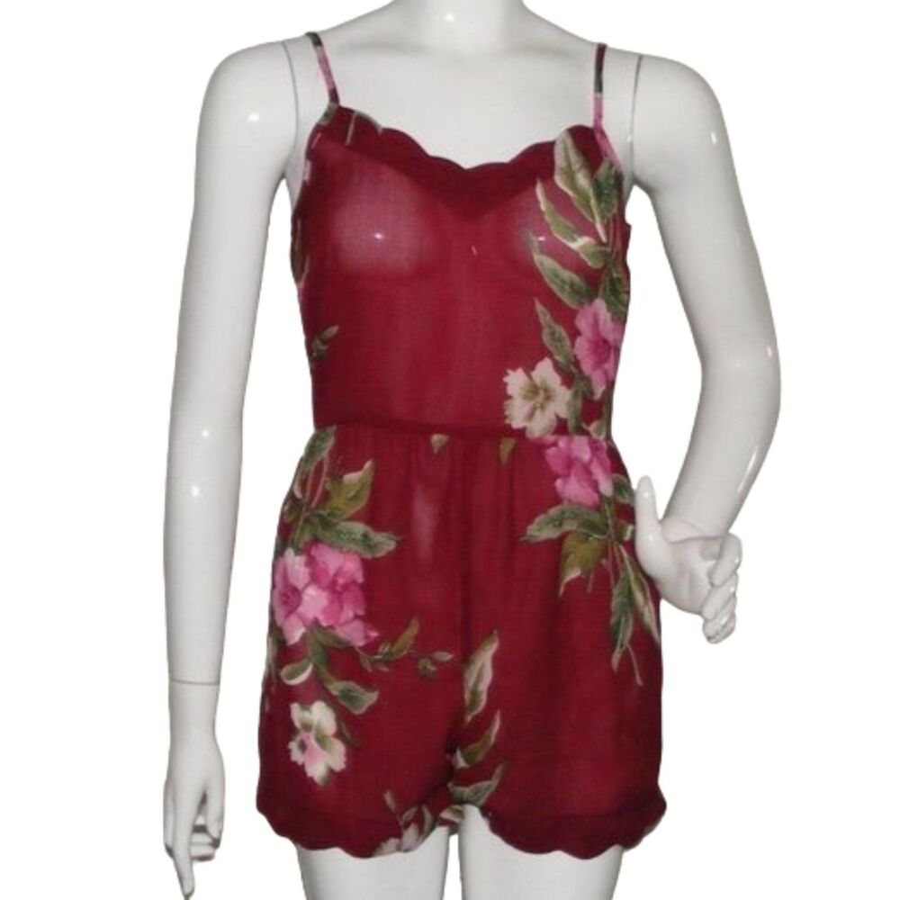 BAND OF GYPSIES Romper, S, Burgundy Floral, Spaghetti straps, elastic waist